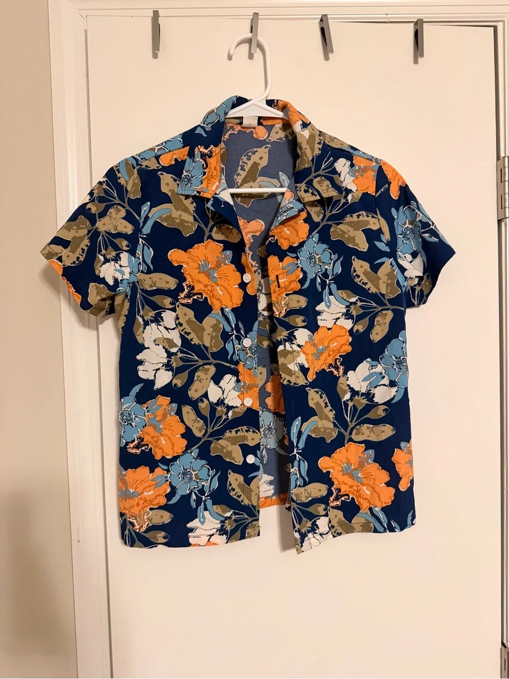 SHEIN Navy Short-Sleeve Button-Down with Orange & Light Blue Floral Print